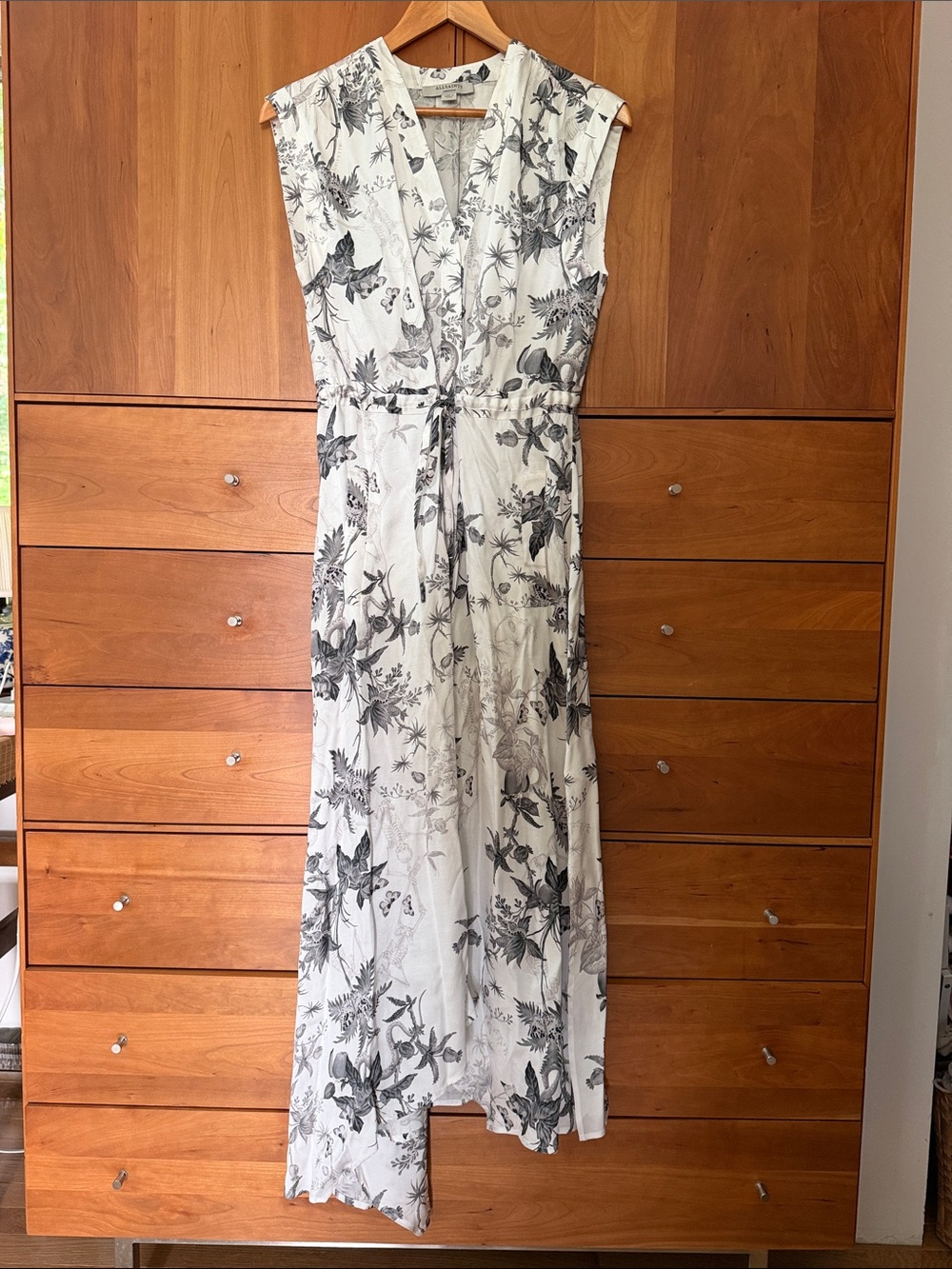 AllSaints White Maxi Dress with Black Floral Print